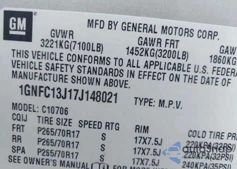 2007 Chevrolet Tahoe Lt z USA, uszkodzony, nr VIN 1GNFC13J17J148021